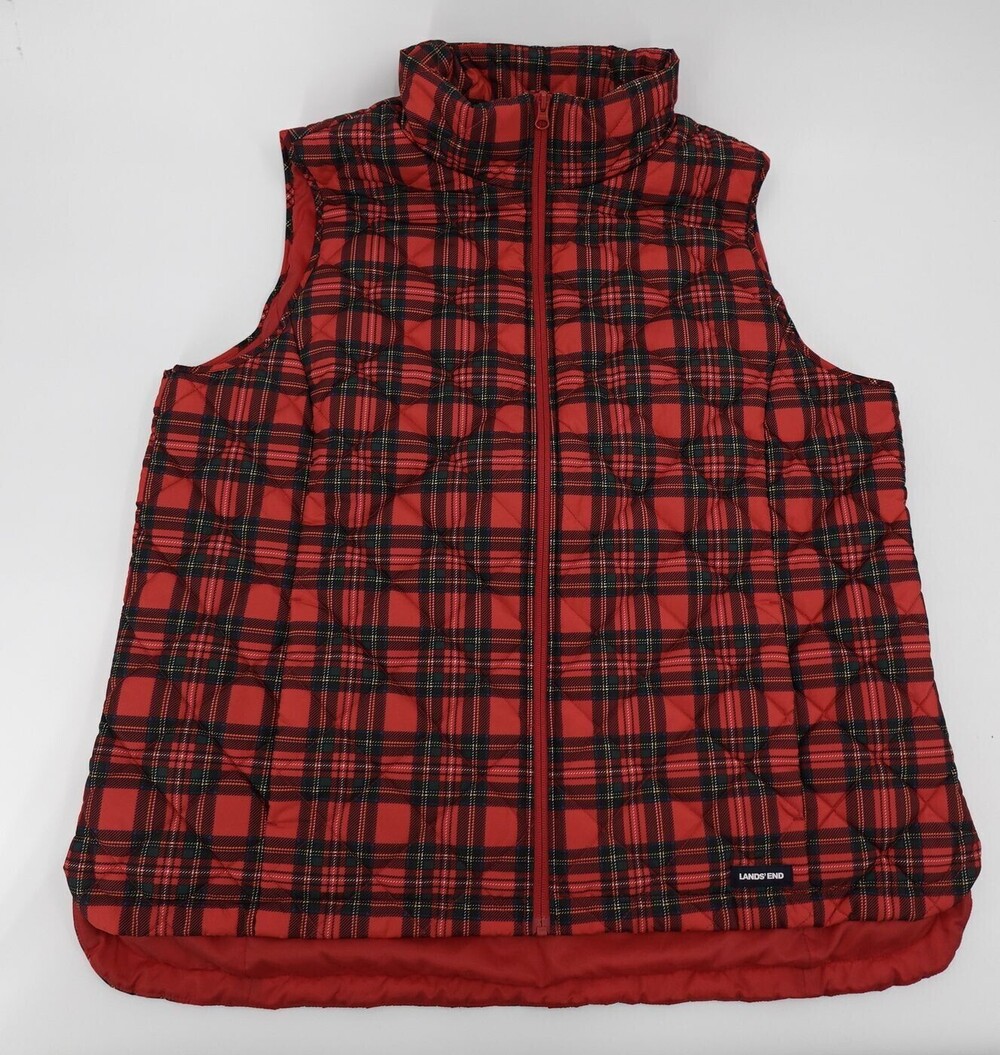 Lands' End Vest Womens 1X Red Plaid Full Zip Quilted Puffer Insulated Plus Size